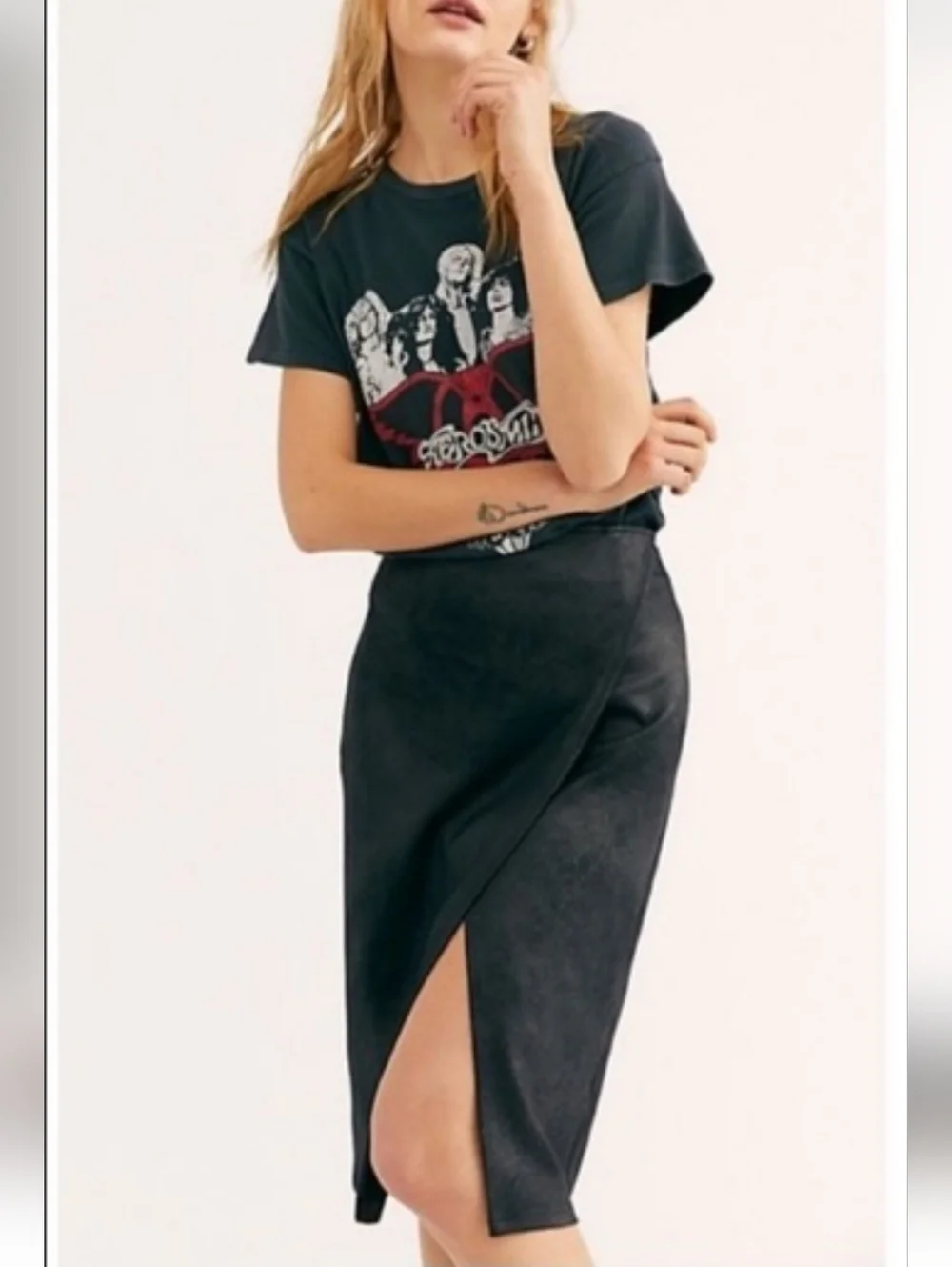 Free People Faux-Suede Pencil Skirt with Front Slit. Black Size S. - Picture 2 of 3